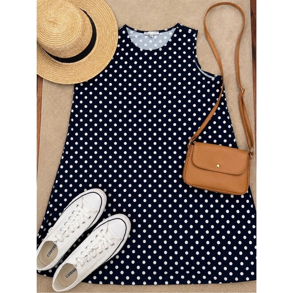 Annalee + Hope Navy White Polka Dot Swing Dress XL Sleeveless Made in USA